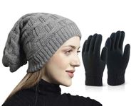 Weavers Villa Set of Snow Proof Inside Fur Acro Wool Unisex Beanie Cap Knit Hat Thick Fleece Lined Winter Cap and Gloves for Men & Women, Free Size (IN, Alpha, Free Size, GREY)