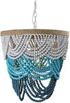 Parrot Uncle Ceiling Light Fixture Vintage Beaded Chandelier Lights Bohemia Wood Hanging Lights, Off-White/Blue