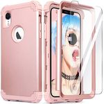 for iPhone XR Case, for iPhone XR Case with Tempered Glass Screen Protector, IDweel 3 in 1 Shockproof Slim Hybrid Heavy Duty Hard PC Cover Soft Silicone Rugged Bumper Full Body Case (Rose Gold)