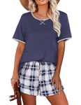 Ekouaer Women Pajama Set Casual Short Set Navy Blue and White Plaid Large