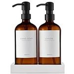 MaisoNovo Glass Soap Dispenser with Pump - Amber Bottles Black Pumps Set of 2 - Soap Dispenser for Kitchen - Hand Soap Dish Soap Labels - Bathroom Soap Set