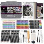 HIFORNY 100 PCS Drawing & Sketching Set, Professional Art Supplies with Graphite,Charcoal, Colored,Watercolor,Metallic Pencils,Blending Tools,Sketchbook and Coloring Book in Zipper Case (Grey)