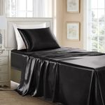 GOLAL Satin Sheets Twin Size - 3 Pieces Luxury Silky Soft Bed Sheets for Kids, Wrinkle-Free Black Satin Silk Sheet Set with 1 Deep Pocket Fitted Sheet, 1 Flat Sheet, 1 Pillow case