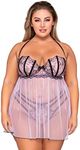 Dreamgirl Women's Plus Size Stretch Mesh Embroidered Babydoll & G-String Set with Adjustable Halter Neck Lavender, Lavender, XL