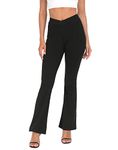 HDE Women's Crossover Flare Yoga Pants Ribbed High Waist Wide Leg Bell Bottoms, Black, S