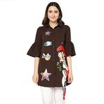 DIMPY GARMENTS Crepe Cartoon Printed Women Long Shirt (Medium, Brown)