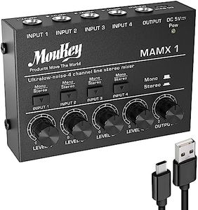 Moukey Mini Audio Mixer Line Mixer, DC 5V, 4-Stereo Ultra, Low-Noise 4-Channel for Sub-Mixing, for Small Clubs or Bars, As Guitars, Bass, Keyboards Mixer, 2021 New Version-MAMX1