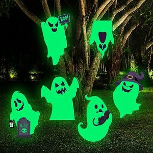 OuMuaMua Halloween Decorations Outdoor Yard Signs - 6pcs Halloween Scary Ghost Yard Signs with Stakes, Glow in The Dark Halloween Decorations for Yard Garden Lawn Tree Front Door Decor