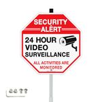 Faittoo Security Sign Video Surveillance Sign with 36" Stake for Outside, 12"x12" Rust Free Heavy Aluminum, Reflective, Fade Resistant, 2 pre-drilled holes, Includes Matching Screws & Wrench, Easy to