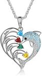 JewelOra Gifts for Mom Personalized Dolphin Necklace Customized Heart Necklace with Simulated Birthstone Engraved Name Necklace Pendant for Women Mom Cute Dolphin Animal Jewelry Gift(4 name)