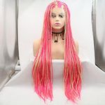 Xiweiya Micro Box Braids Wig Piano color Pink Red Mixed Yellow Braided Wig Glueless Synthetic Lace Front Wig Heat Resistant Fiber for Women Halloween Cosplay Party 28” for Women