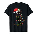 Santa Black Cat Tangled Up In Christmas Tree Lights Holiday T-Shirt