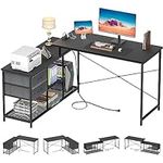 Homieasy Reversible L Shaped Desk with Power Outlet, Corner Computer Desk with Drawers and Storage Shelves, L-Shaped Long Home Office Desk Study Writing Desk Gaming Desk, Black