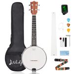 Mulucky Banjolele 4 String Banjo Ukulele Concert Size 23 Inch, Closed Solid Wood Back, Beginner Kit with Truss Rod Gig Bag Tuner String Strap Picks - BU806