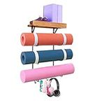 Yoga Mat Holder Wall Mount,Yoga Mat Storage Rack with Wooden Shelves and 4 Hooks,Yoga Mat Organizer for Home Gym Decor Hanging Foam Roller and Resistance Bands