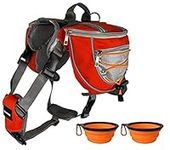 Saddlebag Back Pack & Harness Combo for Dogs 30-100+ lbs. Perfect for Travel, Trail Hiking, & Camping. Reflective, Lightweight, & Comfortable. Comes with Two Collapsible Bowls (Large, Orange)