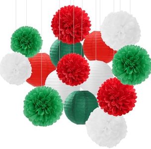 Red-Green White Party-Decorations Christmas Flowers Lanterns - 15PCS Italian Mexican Independence Day Paper Tissue Pom Poms Streamers,Mexico Italy Birthday Baby Shower Wedding Hanging Decor Hugfond