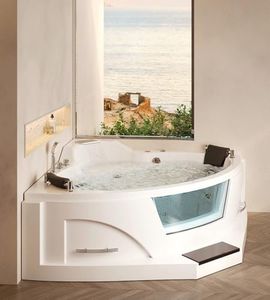 ARIEL 61" Trapezoid Whirlpool Bathtub with 14 Hydro Jets, Two-Person Corner Tub with Water and Air Bubble Jets, Pneumatic Controls, Anti-Scald Faucet, Waterfall & Chrome Fixtures