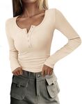 PRETTYGARDEN Women's 2024 Fall Long Sleeve Henley T Shirts Button Ribbed Knit Slim Fit Casual Basic Tops Blouse (Beige,Medium)