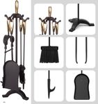 Unibos Premium Quality 5 Pieces Fireplace Tools Sets Black Wrought Iron and Indoor Fireplace Accessories Log Holder Fire Pit Stand Fire Tongs Shovel Antique Brush Chimney Poker Wood Stove