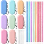 8 Sets Silicone Straws with Case Reusable Straws Silicone Foldable Portable Drinking Straw Set for Party Travel Cold or Hot Straw with Carry Case and Cleaning Brushes 7 5/7 Inch Long (Light Color)