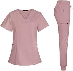 niaahinn Scrub Suit Set for Women Modern V-neck Top & Tapered Leg Jogger Pants with Drawstring Medical Nursing Uniforms Set (Pink, S)