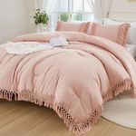 Andency Pink Comforter Set Queen, 3 Pieces Boho Tassel Lightweight Soft Bedding Comforter Sets, All Season Fluffy Fringe Bed Set (90x90In Comforter & 2 Pillowcases)