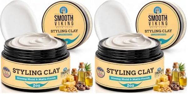 Smooth Viking Hair Clay for Men Strong Hold Matte Finish Pomade Texture Styling Paste Natural Thickening Hair Product Easy Wash Out All Type Hairs 2oz (Pack of 2)