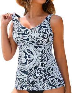 ANFILIA Tummy Control Tankini Top for Women V Neck Swim Top Twist Bathing Suit Padded Swimsuit Top