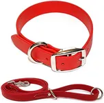 Regal Dog Products Medium Red Waterproof Dog Collar and Leash Set | Heavy Duty Double Buckle & D Ring - 5'ft Leash | Adjustable Biothane Dog Collar | Chew Resistant Waterproof Collar for Dogs