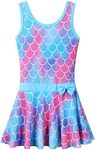 Girls Swimsuit One Piece UPF 50+ Floral Skirted Bathing Suit Modest Beach Swim Dress 3-11 Years, Scale Blue Bowknot, 5-6 Years