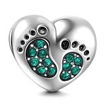 Footprint Charm with Heart 925 Sterling Silver Family Love Bead Baby First Steps Charm for Charm Bracelet (Emerald)