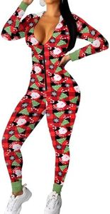 Ekouaer Christmas Onesie Women Sexy Pajamas Zipper Halloween One Piece Bodycon Outfit Jumpsuit Costume Santa Tree Print XL