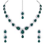 Atasi International Green Kundan AD Style Silver Plated Alloy Necklace Necklace with Earrings and Maang Tikka for Women - Jewellery Set for Party, Wedding, Engagement