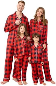 LYSTAO Satin Family Christmas Pajamas Set, Silk Button Down Holiday Sleepwear, Long Sleeve Matching PJs for Couples Men Women Christmas Eve Slumber Party Jammies(BS)