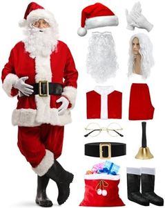 Mukum 11PCS Santa Claus Costume for Men Set, Professional Santa Costume Adult Men Santa Suit Outfit for Christmas with Santa Wig Hat Gloves Bell Red Plush Bag-XXXL