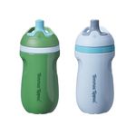 Tommee Tippee Insulated Sporty Spout Non-Spill Toddler Cup, 266ml, 12m+, Pack of 2, with Leak-Proof Valve and Handle, in Fun Bright Colours, Blue & Green