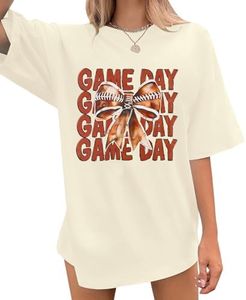 Game Day Shirt Women Oversized Football Bow Shirt Football Mom Shirt Cute Football Coquette Bow Graphic Short Sleeve Tee Apricot