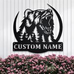 Personalized Forest Grizzly Bear Metal Wall Art,Custom Roaring Bear Metal Name Signs,Customized Forest Cabin Outdoor Wall Decor,Monogram Signs for Living Room,Metal Wall Decor,Mens Gifts