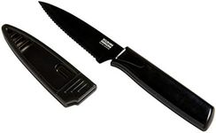 Kuhn Rikon Colori Non-Stick Serrated Paring Knife with Safety Sheath, 4 inch/10.16 cm Blade, Black