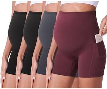POSHDIVAH 4 Pack Black Black Grey Wine Maternity Biker Shorts Over The Belly Summer Comfy Pregnancy Yoga Active Workout Athletic Short Pants 5" Large