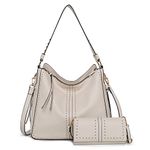Montana West Large Leather Hobo Handbag for Women Concealed Carry Studded Shoulder Bag Crossbody Purse, Set 2pcs Beige, Large