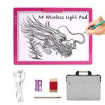 A4 Wireless LED Light Pad with Carry Bag, Innovative Stand and Top Clip, TOHETO Rechargeable Light Box Stepless Dimmable and 6 Levels Brightness Cordless Light Board for Tracing Weeding Vinyl(RoseRed)