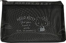 Sanrio Hello Kitty Accessories Cosmetic Mesh Nylon Polyester Pouch Zipper Case Bag with Gusset 21.5×13×3.5cm (Simple), Black