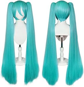 Ebingoo 47 Inch Long Green Wig with Bangs for Women with Two Detachable Ponytails + Wig Cap Long Straight Synthetic Green Cosplay Wig for Halloween Costume Party Anime