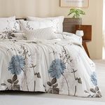 CozyTide Queen Size Comforter Set, 100% Cotton White Floral Bedding Comforter Sets with Botanical Flower Printed, 3 Pieces Soft Lightweight Fluffy Bedding Comforter Set for All Season