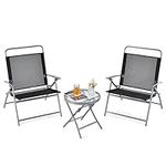 COSTWAY 3PCS Patio Bistro Set, Garden Folding Chairs and Table Set with Ripple-like Glass Tabletop, Metal Frame Outdoor Dining Furniture Conversation Set for Balcony, Deck, Yard, Poolside