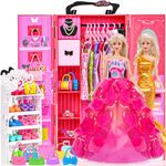 105 Pcs Doll Clothes and Accessories 11.5 Inch Doll Closet Including 12 Looks, Rack Dress Shoes Hangers Necklace and Other Accessories(No Doll)