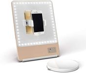 Glamcor Riki Skinny Smart Vanity Mirror with HD LEDs, Magnifying Mirror Attachment, Phone Holder and Bluetooth Control (Champagne Gold, 5X Magnification)