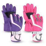 Zsedrut Kids Ski Gloves Boys Girls Waterproof Snow Mittens Toddler Warm Fleece Cold Weather Gloves (Purple+Rose Red, 11-15 Years)